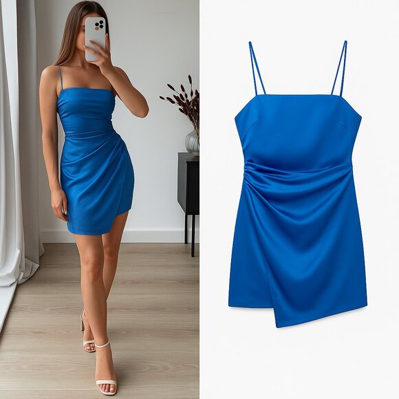 NWT ZARA Cobalt Blue Ruched spaghetti strap bodycon mini dress party dress S - Picture 1 of 13